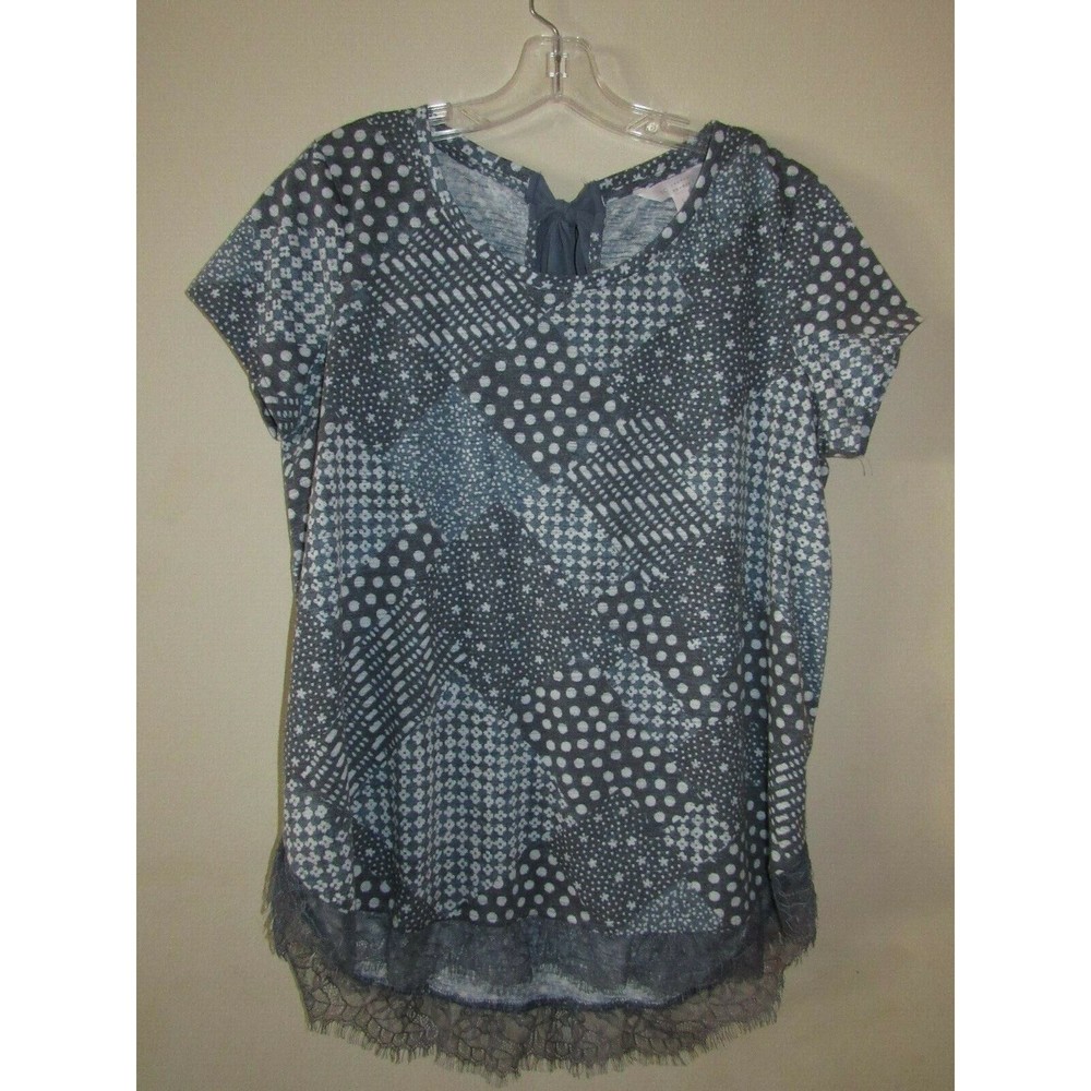 Laura Conrad LC Large Top Gray & White Floral Lace Back Neck Tie Short Sleeves